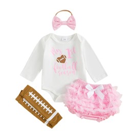 Xnqiwq Newborn Baby Girl Football Outfit My 1st Football Season Romper Bloomer Shorts Rugby Set Fall Game Day Clothes (Pink, 6-9 Months)