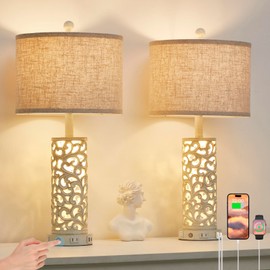 SAIWEYA 26" Farmhouse Table Lamp - 2 USB A+C 3-Way Dimmable Touch Lamps with Nightlight for Living Room Bedroom Lamp Bedside Nightstand Lamps (Bulb Included) (White-2 Pack)