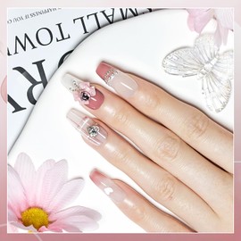JODSONE Press on Nails 3D Handmade Pink Bow Rhinestone Jelly Square Wearable Nails - Medium