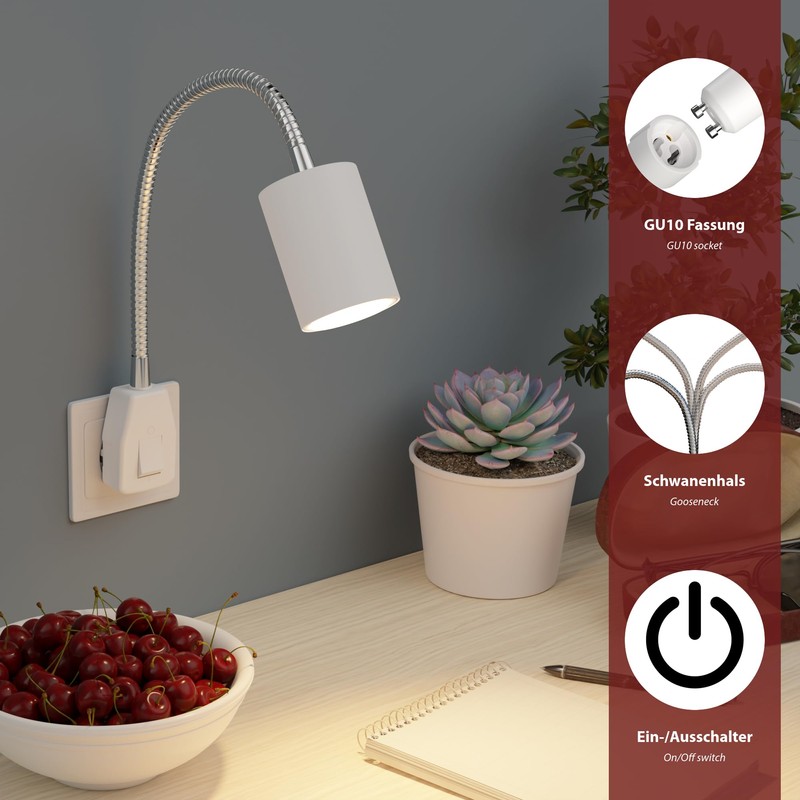 ledscom.de Waika GU10 Socket Lamp Gooseneck Switch White with Smart