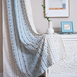 MYSKY HOME Boho Curtains 84 inch for Living Room Semi Sheer Linen Look Bohemian Geometric Striped Style Farmhouse Home Decor Light Filtering Privacy Back Tab Drapes, 50x84 Inch, Blue, 2 Panels