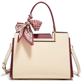 FOXLOVER Crocodile Grain Satchel Bags for Women Cowhide Leather Top-Handle Handbag with Crossbody Strap Silk Scarf Included