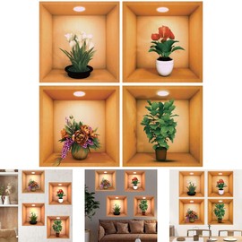 4Pcs 3D Green Potted Plants Wall Stickers, Plants Flower Decals for Living Room Bedroom Kitchen Decor, 3D Green Pot Plant Succulent Stickers