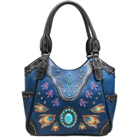 Zelris Turquoise Stone Concho Peacock Feather Women Conceal Carry Tote Purse Bag (Royal Blue)