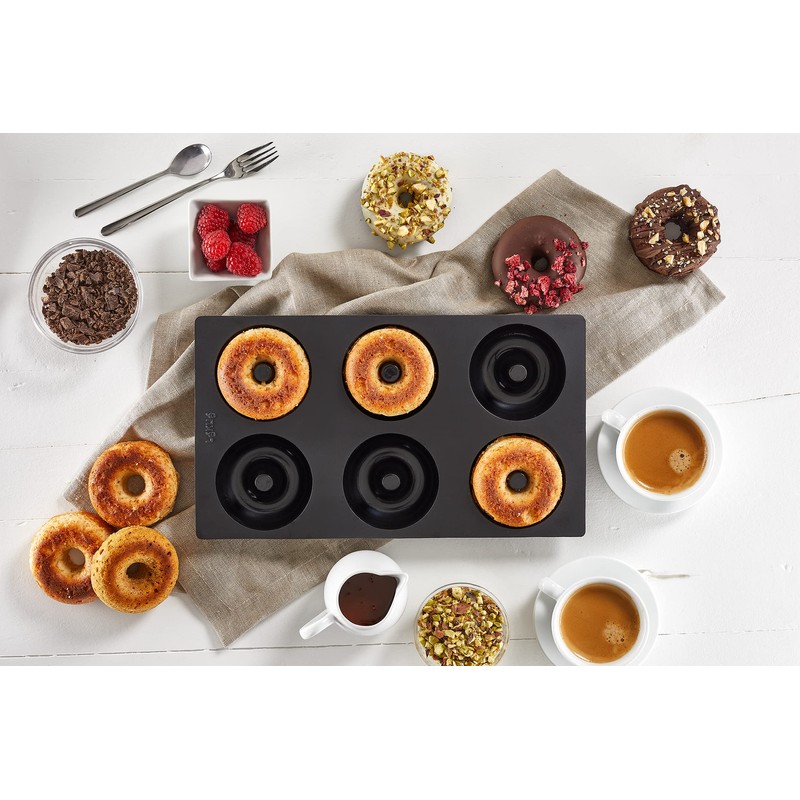 Lékué Doughnut 0620406N01 Backform, Silikon, 6 Mulden, Schwarz