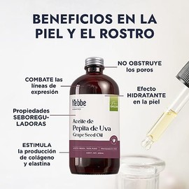 HEBBE - Aceite de Uva Pepita 500 ml | Combate Líneas de Expresión | Estimula Producción de Colágeno y Elastina | No Obstruye Poros | Hidratante de Pie