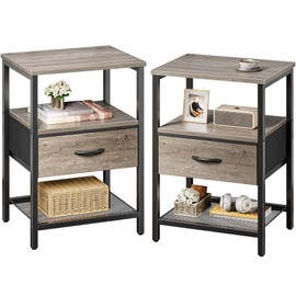 Huuger Nightstand Set of 2, Night Stand with Fabric Drawer, Mesh Shelf, Side Table with Storage, Fabric Drawer Dresser, Open Shelf, Metal Frame, Bedroom, Oak