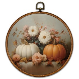 BCUANGD Vintage Fall Round Wall Art Decor - Retro Autumn Moody Pumpkin Flora Wall Art Canvas Frame Artwork Prints, Rustic Cottagecore Nature Round Wall Hanging Decorations for Farmhouse Home, 10"x10"