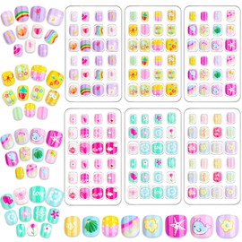 Audab 144 Pieces Kids Press on Nails for Girls Fake Nails Emboss Artificial Nail Tips Pre Glue Short Stick on Nails for Kids Nails Decoration Sleepovers Kids Valentine Day Gifts (Sweet Sunshine)