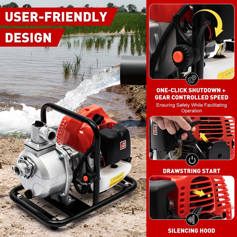 1-Inch Gas-Powered Water Transfer Pump,43CC 2-Stroke Semi-Trash Water Pump,Heavy Duty