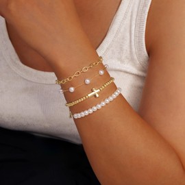Gold Pearl Bracelets for Women, 14K Gold Plated Beaded Pearl Bracelet Jewelry Sets Cross Charm Chain Bracelet Dainty Gold Bracelets for Women Trendy Jewelry Gifts (Style-Pearl Cross Stackable Bracelets)