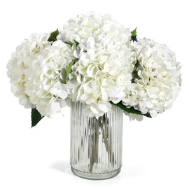 Auihiay 8PCS White Artificial Hydrangea Flowers Bouquets, Silk Hydrangea Flowers with Stems and Leaves, Fake Flower Bouquets for Home Garden Party Decor, Wedding Centerpieces (13.8 x 7.9 inches)