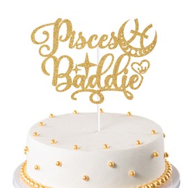 Pisces Baddie Cake Topper, Big Pisces Energy Cake Decor, It's Pisces Birthday, 12 Constellation Zodiac Themed Birthday Party Decorations - Gold Glitter