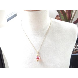 Handmade necklace with a red iridescent acrylic pendant and gold-plated brass, vintage style, made in France