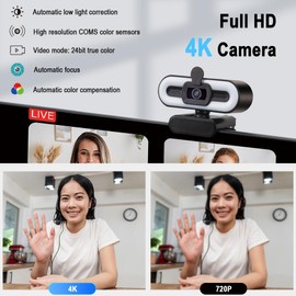 4K Webcam Streaming Webcam with Light and Privacy Cover, Noise-reducing Dual Microphone,360 Degree Rotable Auto Focus Web Camera