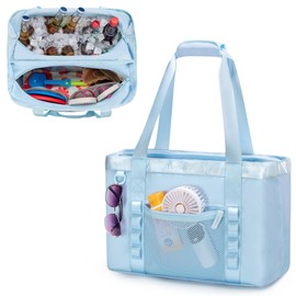 Yarwo Large Beach Bag with Insulated Cooler, Extra Beach Vacation Tote Bag with Wet Dry Pockets and Luggage Strap for Swim, Pool, Blue