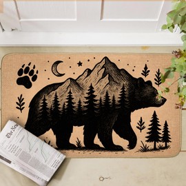 TRYYN Bear Welcome Door Mat,29.5x17inch,Indoor Outdoor Linen Floor Mats with Retro Double Exposure Forest Scene,Non-Slip Rubber Backing Doormat,Rustic Decor Gifts Rug for Entrance Kitchen Bedroom
