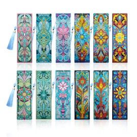12 Pcs DIY Diamond Art Bookmarks for Adults Women Beginners Acrylic Dotz Diamond Art Bookmarks Kit Diamond Painting 5d Floral Rhinestone Bookmarks Diamond Art Book Marks with Tassels Crafts Supply