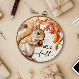 Lengues Vintage Squirrel Acorn Fall Welcome Round Wall Art Decor, Fall Animal Round Wall Decor, Squirrel Gifts Canvas Framed Art Prints, Cottagecore Autumn Hanging Frame for Home Room 10x10 Inch