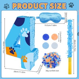 16 Inch Number 4 Dog Paw Pinata with 16 Inch Piñata Stick Blindfold Confetti for Boy Girl Kids 4th Birthday Party Decorations (4th)