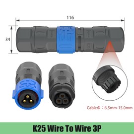 AOHUA 3-Pack K25 IP68 Waterproof 3-Pin Connector - Quick Docking 300V/35A Male/Female Electric Plug Socket for 6.5-15mm Cables, Industrial/Aviation Grade (AH-K25-3503MMZ/FFZ01222)