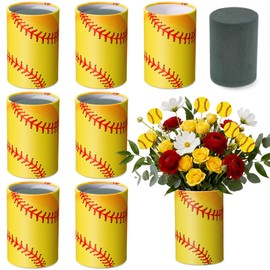 Ninehaoou 6 Set 5 Inch Softball Table Centerpiece Sports Flower Round Box with Paper Removable Foam Vase for Artificial Flowers Utensil Holder Kitchen Home Party Decorations