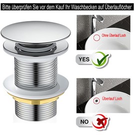 Universal Drain Fitting for Sink and Washbasin, Modern Pop-Up Click Clack Valve, Drain Valve with Overflow, Stainless Steel, Brass (Without Overflow)