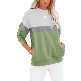 TICTICMIMI Women's Casual Long Sleeve Color Block/Solid Tops Crewneck Sweatshirts Cute Loose Fit Pullover with Pockets White Grass Green