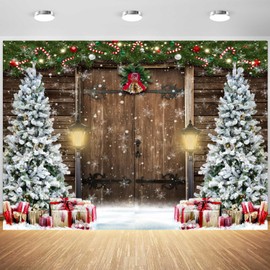 Christmas Backdrop 10x8ft for Photography Rustic Barn Door Xmas Tree Snow Background Winter Christmas Holiday Party Decorations Banner Photo Booth Props Pictures Decor