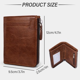 AdiStylinno Mens Wallet, Minimalist PU Leather Wallet Bifold Cash Card Holder Wallet with ID Window Zipper Coin Pocket (Brown)