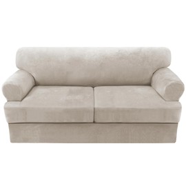 H.VERSAILTEX Sofa Cover 3 Piece T Cushion Loveseat Slipcovers Thick Velvet Couch Cover Stretch T Cushion Sofa Covers for 2 Cushion Couch with 2 Individual T Cushion Covers Washable, Oatmeal