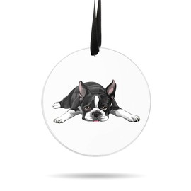 WIRESTER Hanging Ornaments for Christmas Tree Holidays, Party, Car, Home, Office Decoration, Large 3 inch Acrylic Ready to Hang Ornament - Boston Terrier Dog Lying Down Looking Up