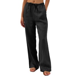 Amazhiyu Womens Pure Linen Summer Drawstring Flowy Wide Leg Pants with Pockets Black, Medium