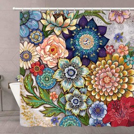 Neasow Boho Floral Shower Curtains for Bathroom, Bright Fabric Blossom Shower Curtain with 12 Hooks, Multi Color 72"×84"
