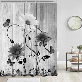 AAtter Black and White Floral Shower Curtain Grey Flower Rustic Vintage Butterfly Abstract Leaves Botanical Plant Extra Long 84 XL Large Home Bathroom Decor Bathtub Set with 12 Hooks, 72x84, Wooden