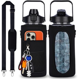 Botella de Agua Deportiva 2L para Gimnasio con Funda y Correa Botella Reutilizable Antiderrames con Bolsillo para Celular y Llaves Portátil, Sin BPA (Negro)