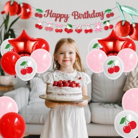 Cherry Birthday Decorations, Cherry Party Decorations Kit Includes Cherry Balloons, Happy Birthday Banner Cher ry Garland, Cher ry Bows Birthday Decor for Girls