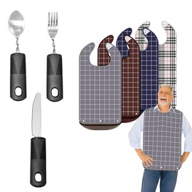 4 Pack Adult Bibs for Eating Waterproof Clothing Protector & 3 Pack Adaptive Utensils Parkinsons Utensils for Elderly Non-Slip Easy Grip Handles Right Handed Curved Spoon Fork Set Eat Independently