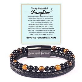 The Guardian-Daughter's Tiger Eye Protection Bracelet From Mom, To My Daughter Leather Volcanic Rock Black Beaded Cuff Bangle Engarved With Love You Forever Jewelry Gift For Women (Love you forever)