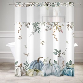 Canessioa Fall Pumpkin No Hook Shower Curtain with Snap in Liner Autumn Thanksgiving Day Bathroom Curtains Green Leaves See Through Top Window Double Layers Harvest Shower Curtains 71x74 in