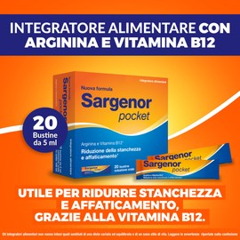 Sargenor Pocket, Integratore Alimentare Orosolubile con Arginina e Vitamina B12, Utile in Caso di Stanchezza Fisica e Mentale, 20 Bustine Monodose