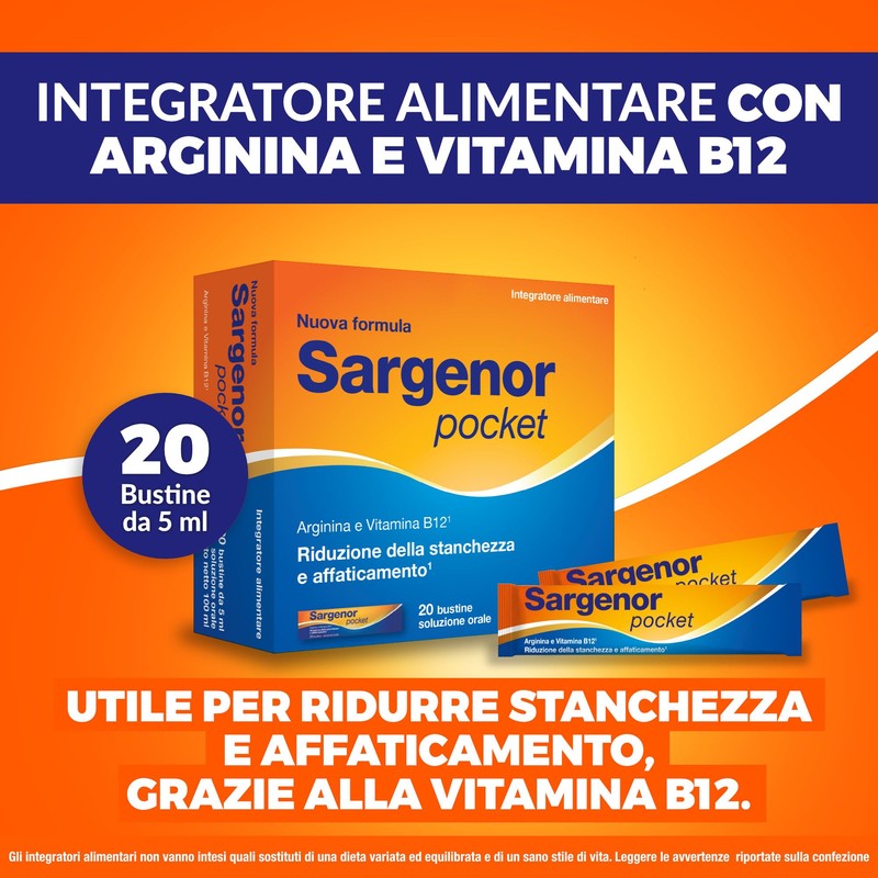 Sargenor Pocket, Integratore Alimentare Orosolubile con Arginina e Vitamina B12,