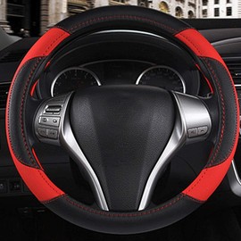 Leather Car Steering Wheel Cover, Non-Slip Car Wheel Cover Protector Breathable Microfiber Leather Universal Fit for Most Cars (Black & Red)