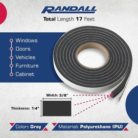Grey Polyurethane Foam Tape Weatherstrip (1/4" Thick x 3/8" Wide x 17' L)