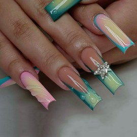 MERVF Long Square Press on Nails French Tip Fake Nails Green Pink Aura Design Glue on Nails 3D Star Press ons Goth Squoval Acrylic False Nails Glossy 24pcs