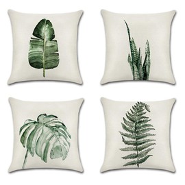 JOTOM Soft Cotton Linen Cushion Covers for Home Decoration, 45 x 45 cm, Set of 4, Leaves, 45 x 45 cm