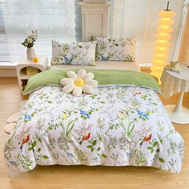 YASMENG Bed Linen 135 x 200 cm Colourful Flowers Leaves Plants Bird White Green Reversible Bed Linen Soft Cuddly Microfibre Bed Linen Aesthetic Duvet Cover 2-Piece with Zip and 80 x 80 cm Pillowcase