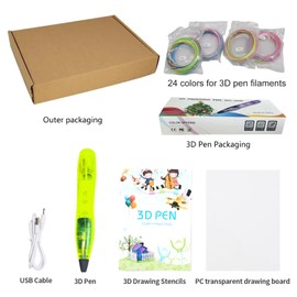 LIHUACHEN 3D Pen for Children Set with 24 Colours PLA Plastic Filament, PLA Compatible 3D Printing Pen (Yellow)