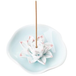 GORGECRAFT 4 Inch Ceramic Lotus Incense Burners Handmade Flower Incense Stick Holder Tray Ash Catcher Plate Handicraft Porcelain Coil Base for Yoga Studio Living Room Home Decoration Light Blue