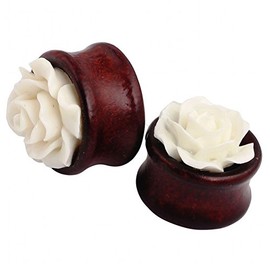 IPINK- Natural Bamboo Wood Hollow Ear Plug White Rose Flower Ear Tunnels (Pair of 0 Gauge (8mm))